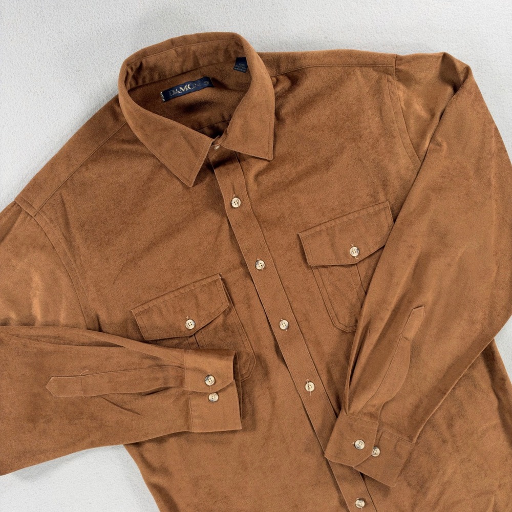 Damon Faux Suede Long Sleeve Button Down Shirt XL Dual Chest Pockets Brown